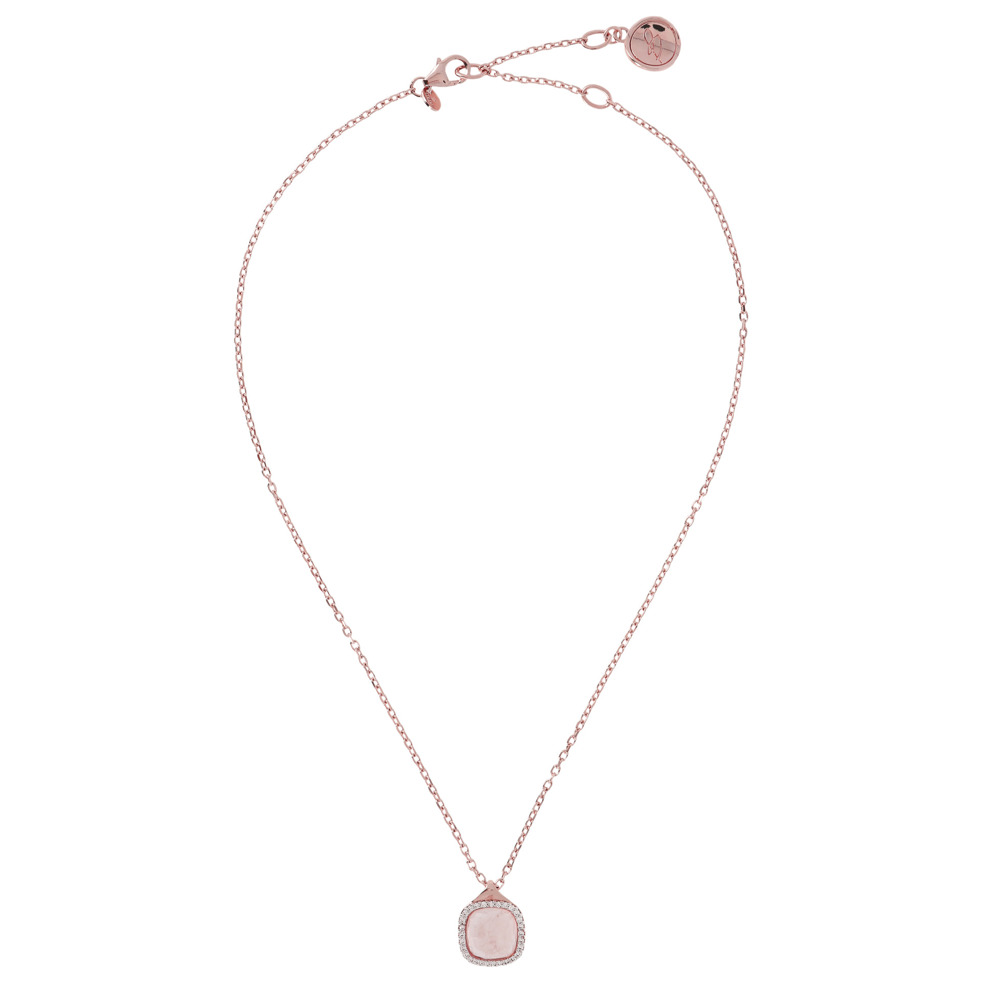 Collana Catena Rolo con Pendente Quadrato in Calcedonio Rosa e Pavé in Cubic Zirconia