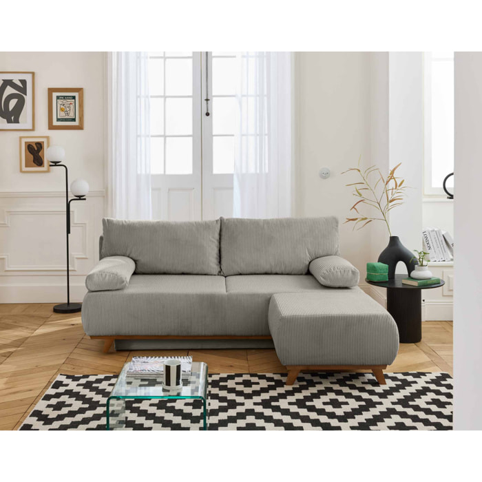 Cristal - canapé 3 places - convertible avec coffre et pouf - en velours côtelé - Gris clair