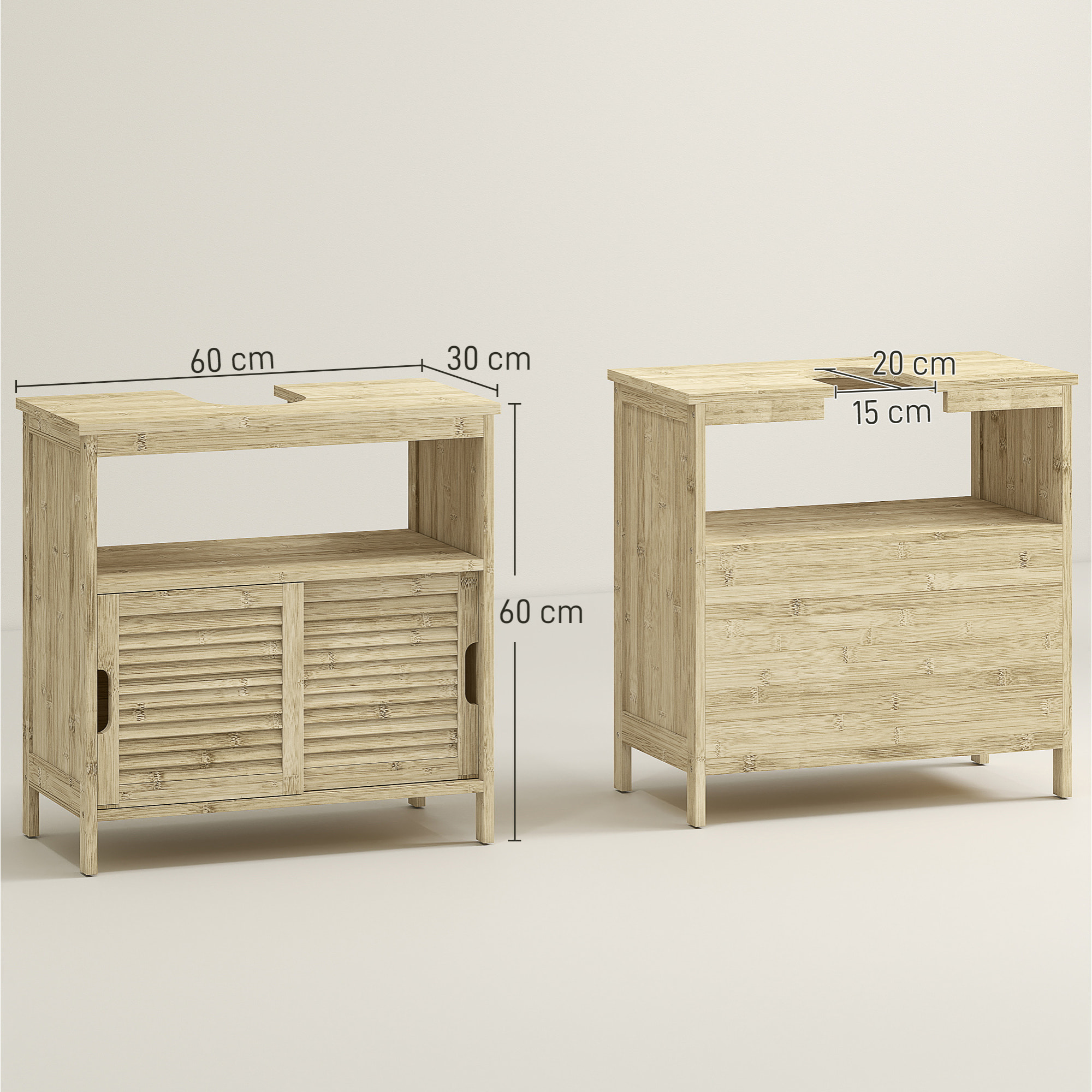 Mueble Bajo Lavabo de Bambú, Armario Debajo de Lavabo con Puertas Correderas de Lamas, Compartimento Abierto, Estilo Moderno, 60x30x60 cm, Natural