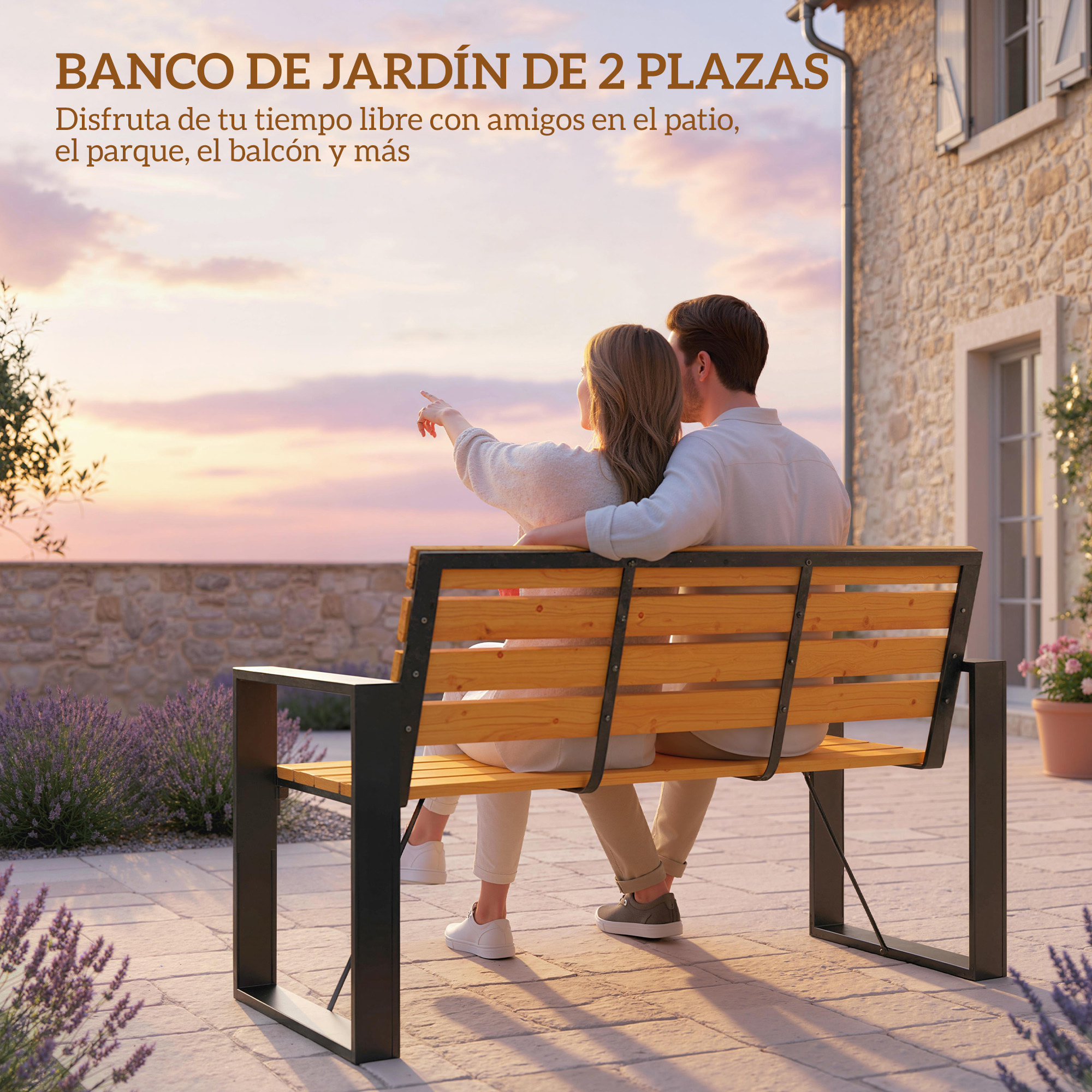 Banco de Jardín Exterior de 2 Plazas, Banco Exterior con Respaldo y Asiento Listonado de Madera, Reposabrazos y Marco de Acero, para Patio, Terraza, 136x54x82 cm, Natural
