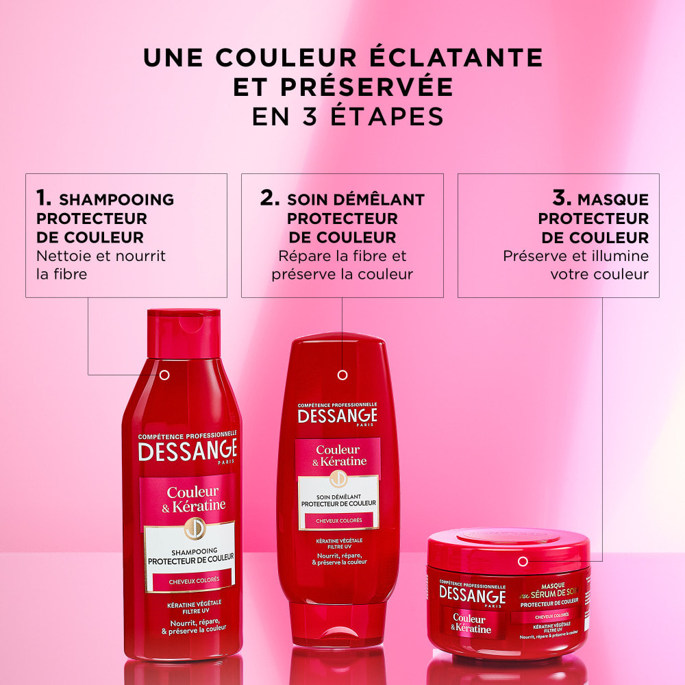 Dessange Couleur & Kératine Rituel Protecteur de Couleur Shampooing, Après-shampooing, Masque Cheveux Colorés 250ml,200ml,250ml