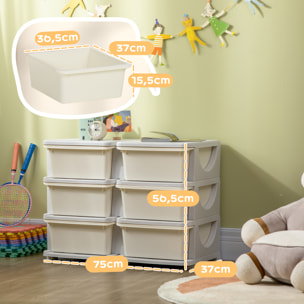 Torre de Almacenamiento Infantil con 6 Cajones, Organizador de Juguetes para Niños de +3 Años, con Bordes Redondeados y Asas, para Guardería, Sala de Juegos, Dormitorio, 75x37x56,5 cm, Crema
