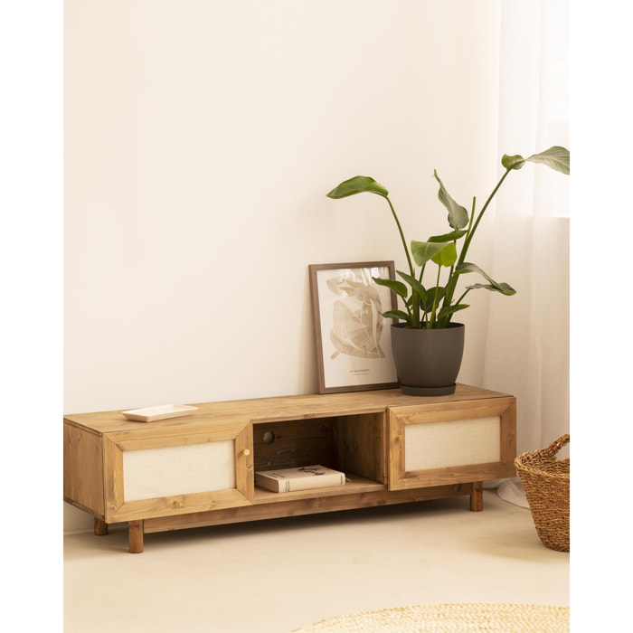 Mueble de TV de madera maciza y tejido de lino de 2 puertas en tono roble oscuro de 150x40cm Alto: 40 Largo: 150 Ancho: 42