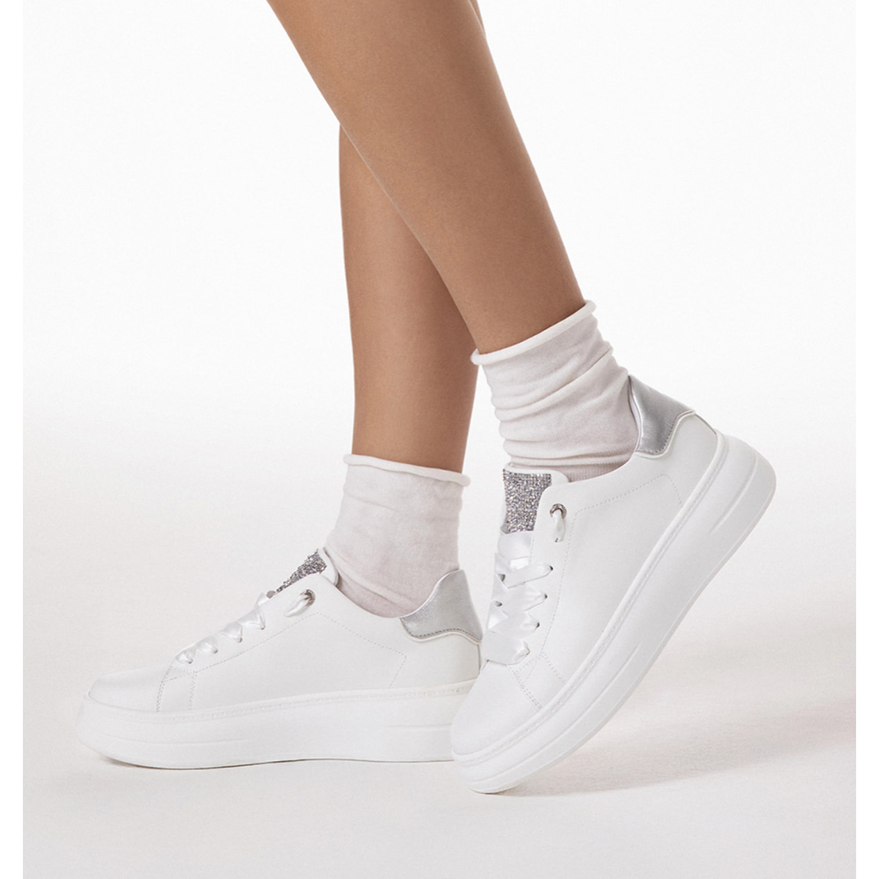 Sneakers bianche-argento tacco 5 cm