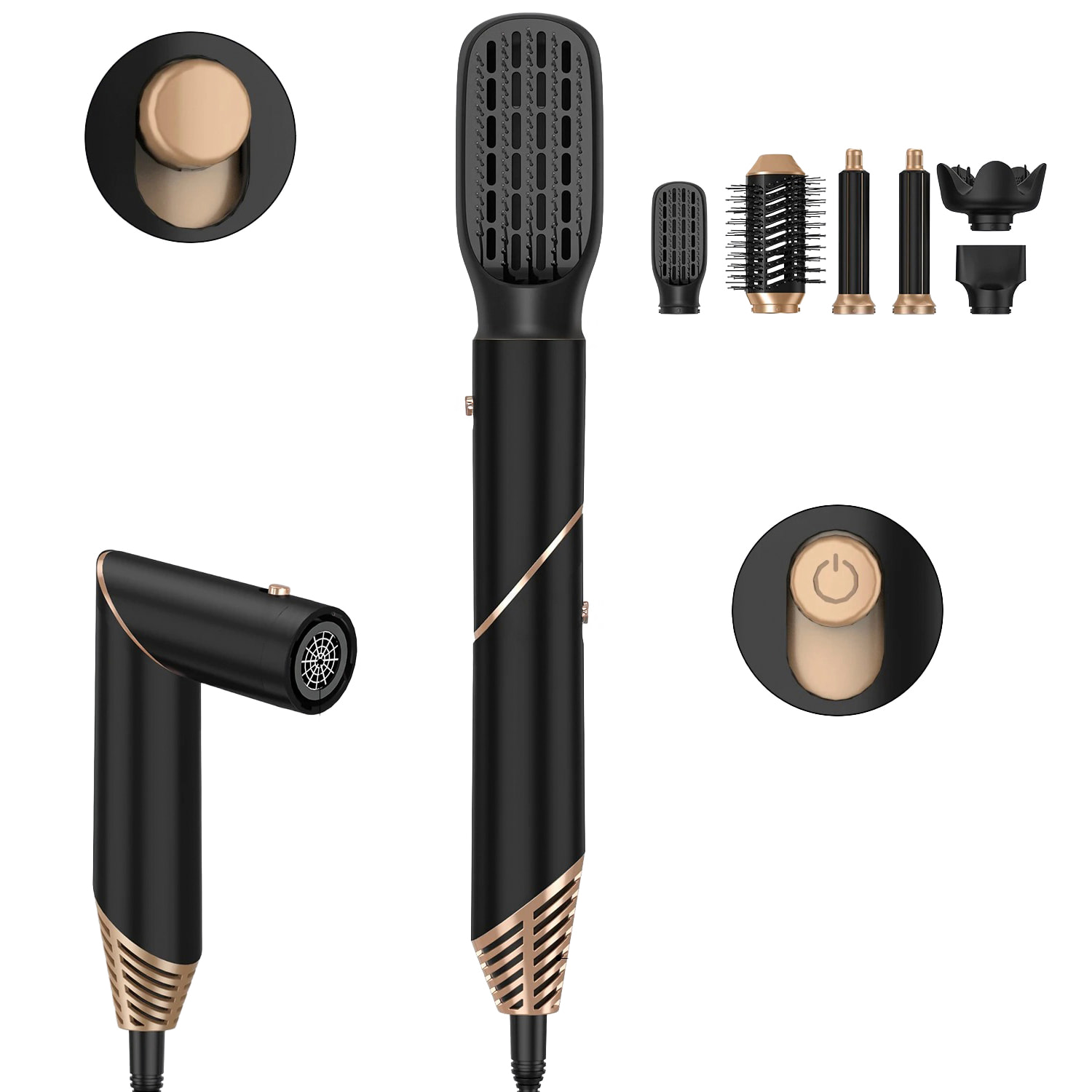 Secador de pelo plegable 5 en 1 con tecnología iónica, 1000 W de potencia y 3 niveles de temperatura ajustable.