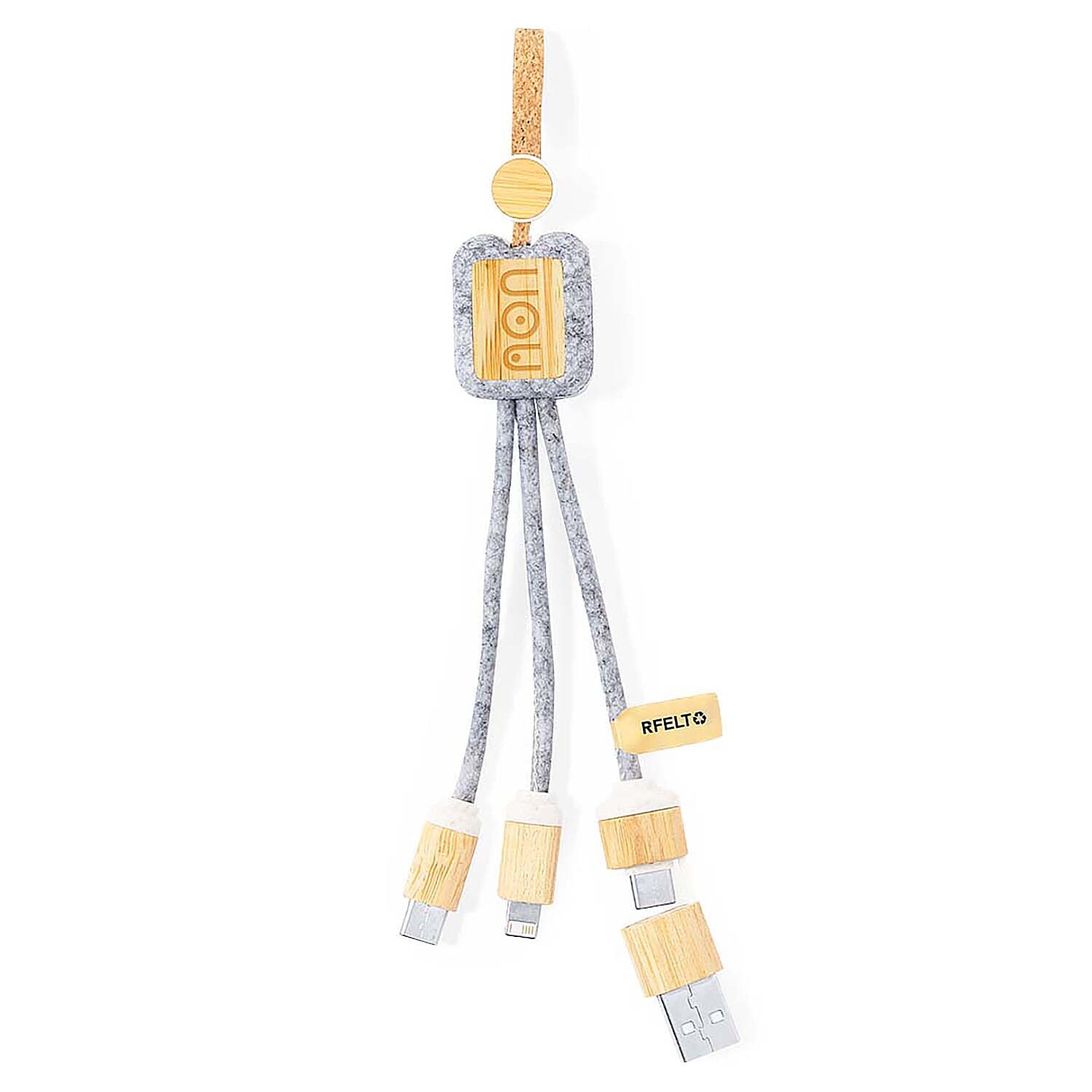 Cable triple cargador nature bambú:Micro USB, Tipo C y Lightning 5V DC 2.4A