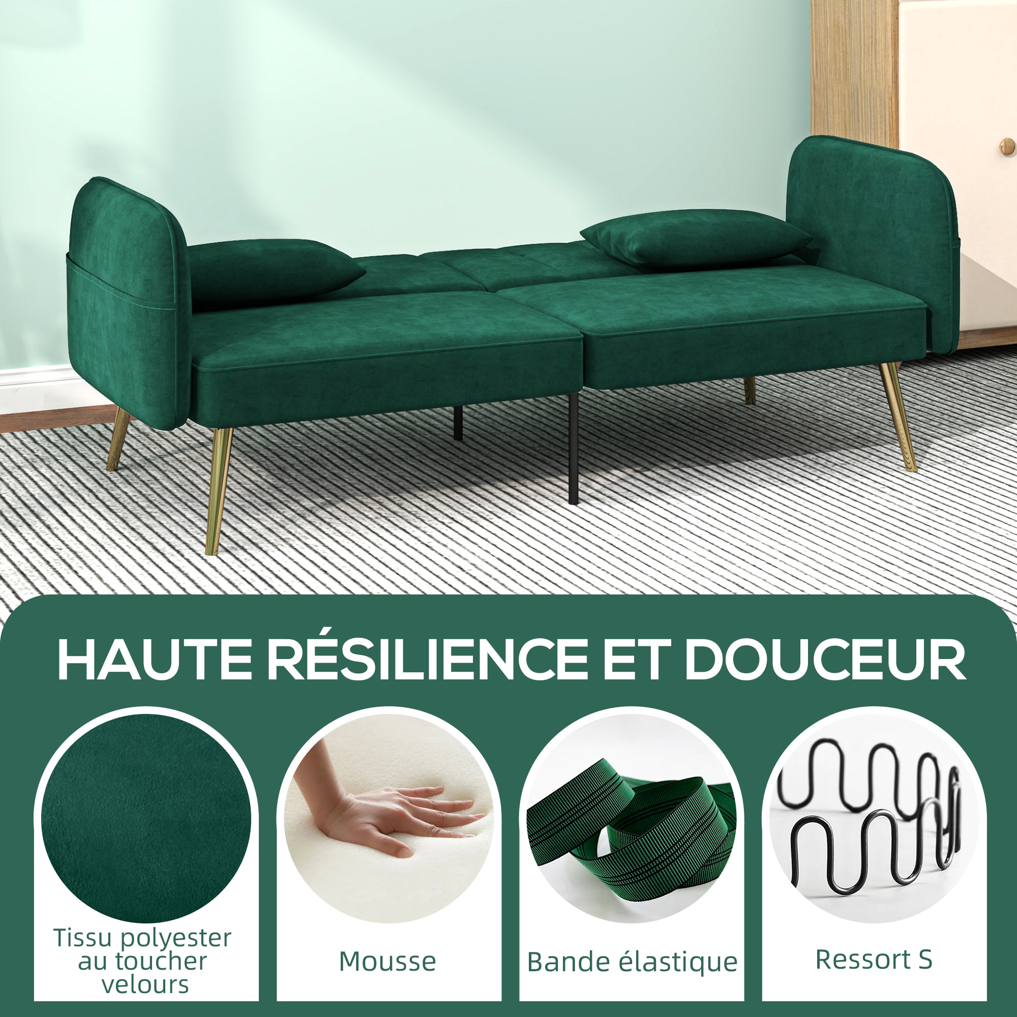 Canapé convertible 2 places style Art déco 2 coussins inclus piètement effilé métal doré velours vert emeraude