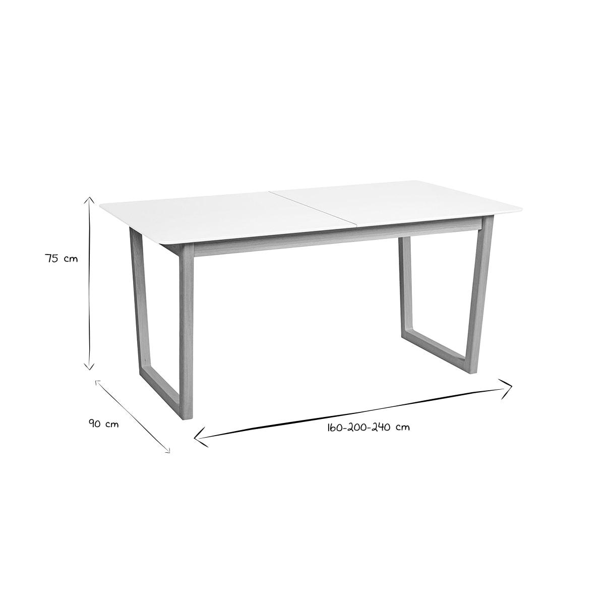 Table à manger extensible rectangulaire rallonges intégrées finition blanc et bois clair chêne massif L160-240 cm LAHO