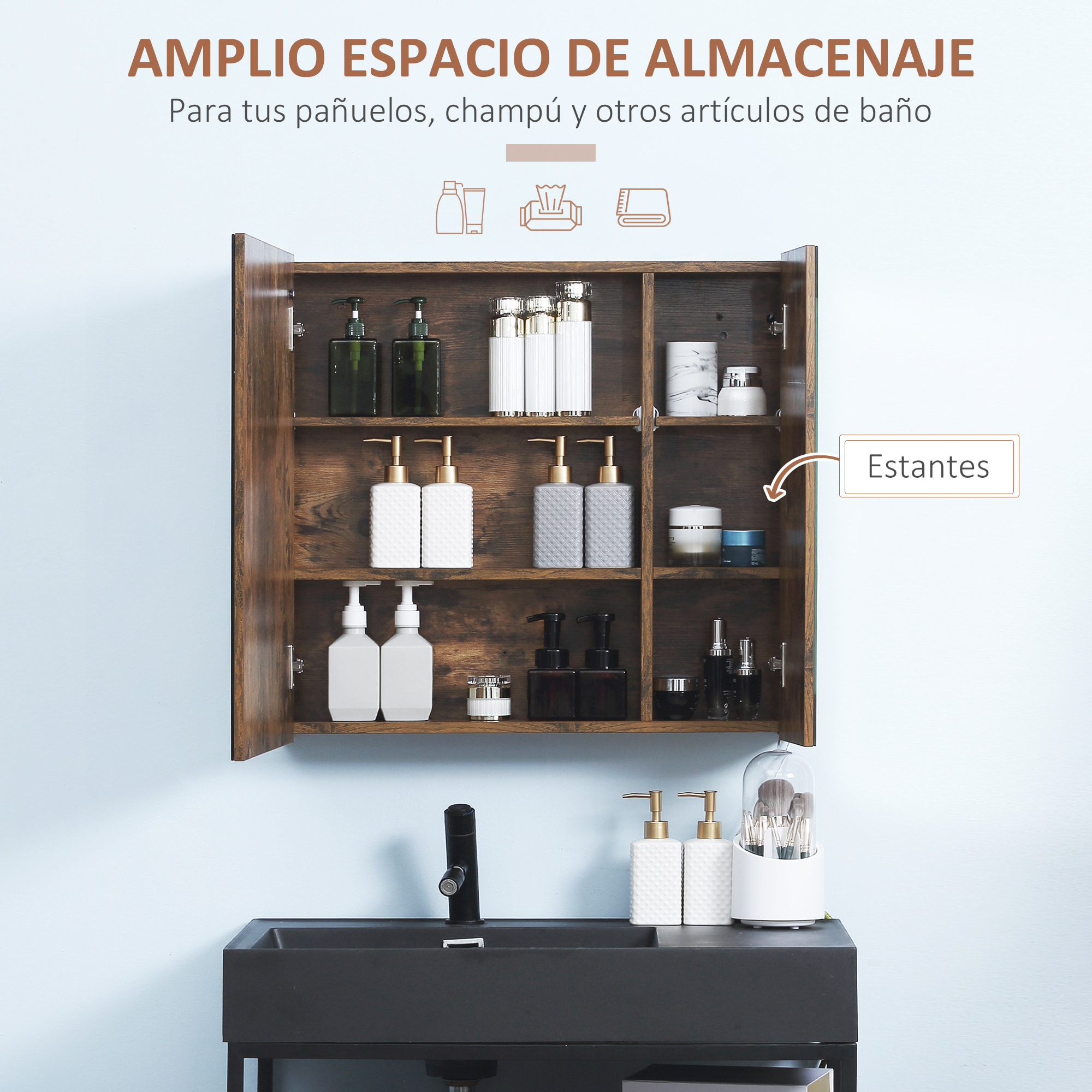 kleankin Armario con Espejo de Baño con Luz LED Armario de Baño Colgante con 2 Puertas Función de Memoria e Interruptor Táctil Estilo Moderno 70x15x65 cm Marrón Rústico