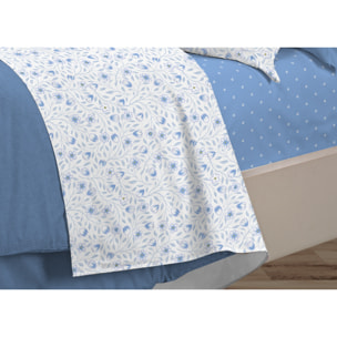 Completo Lenzuola Linea 3027 In Percalle Fantasia Floreale Disegno Melody Azzurro
