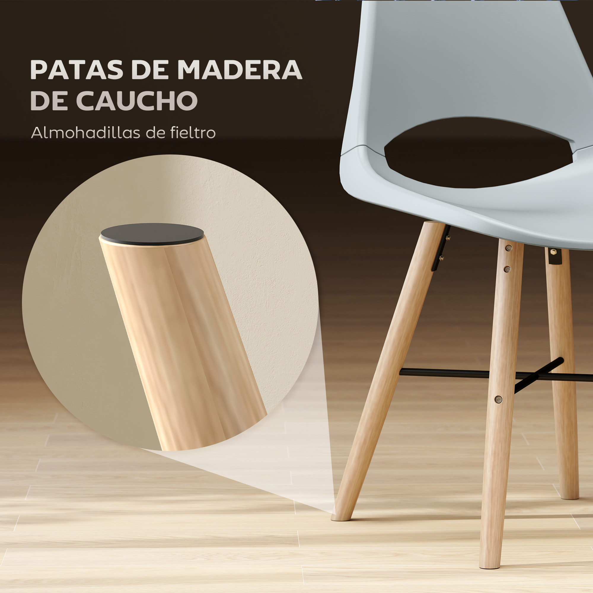 Pack de 2 Sillas de Comedor de Plástico Sillas de Cocina Modernas con Respaldo Curvado y Patas de Madera de Caucho Carga 120 kg para Sala de Estar Dormitorio Gris