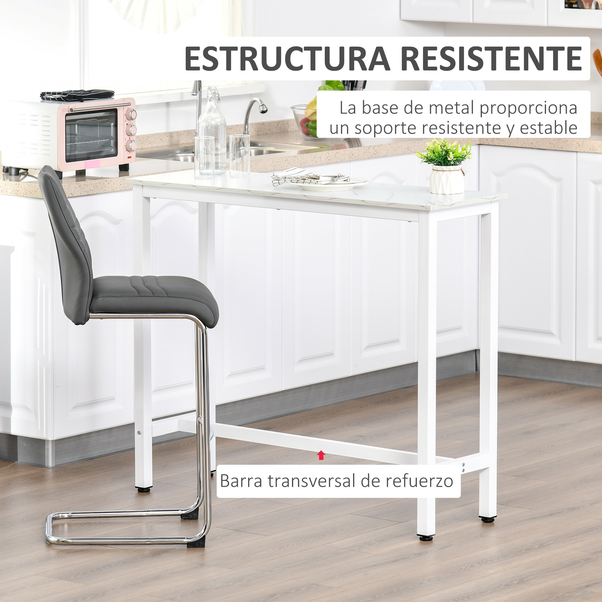 HOMCOM Mesa de Bar Mesa Alta con Encimera de Melamina Efecto Marmoleado y Patas de Acero Estilo Moderno para Cocina Cafetería Comedor 120x40x100 cm Blanco