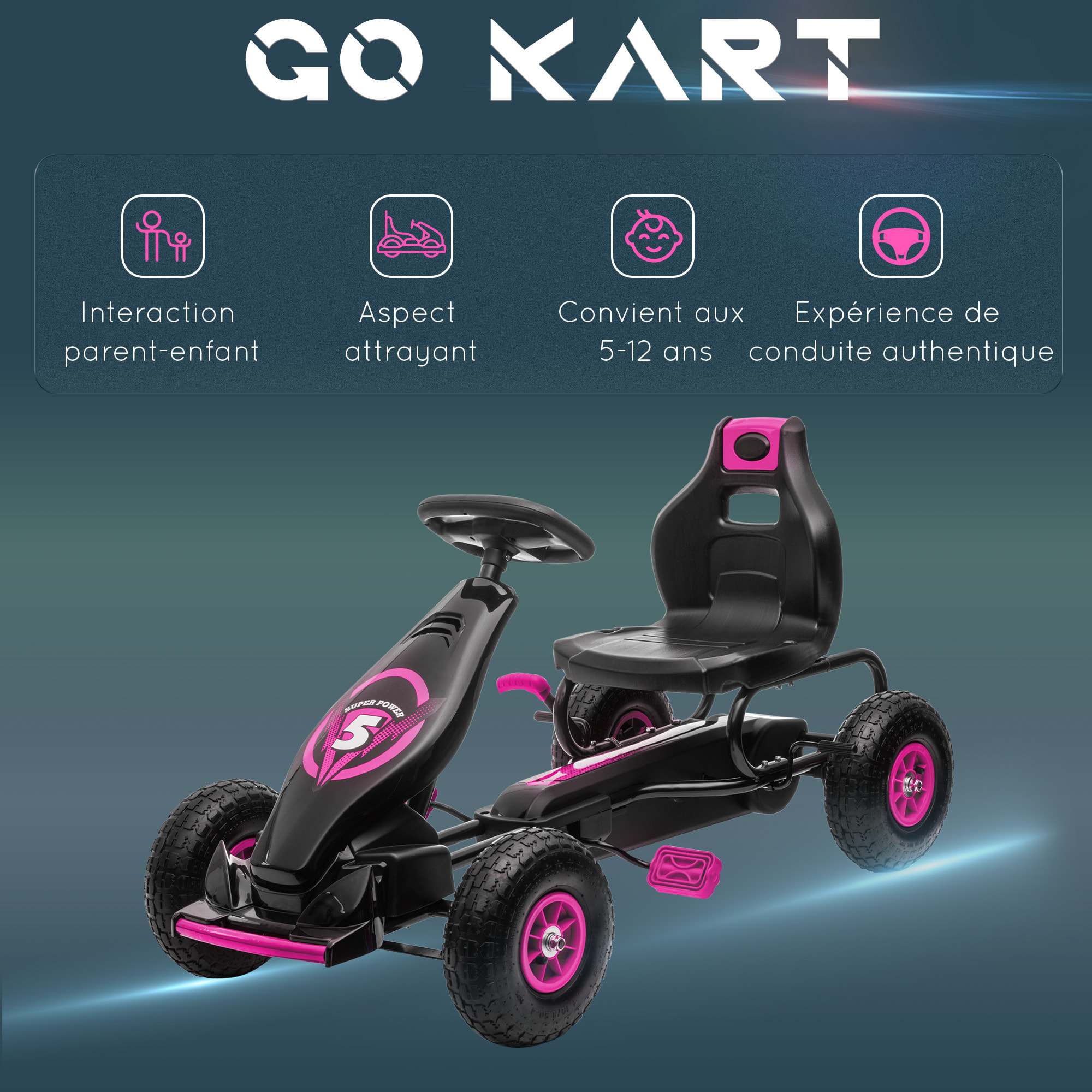 Kart à pédales enfant Go kart Formule 1 Racing Super Power 5 aileron avant pneus gonflables caoutchouc noir rose