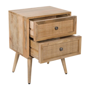 Table de chevet 2 tiroirs en cannage et bois de manguier - Cody