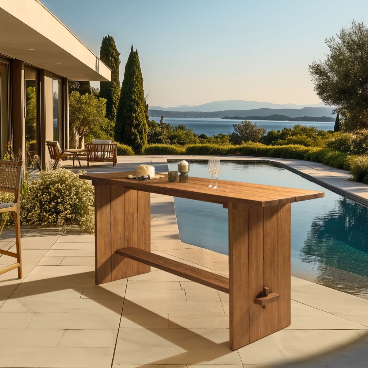 COLINE - Bar de jardin 240x70cm en bois de teck recyclé couleur naturelle