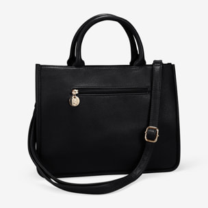 Bolso de mano negro con cinturón y grabado