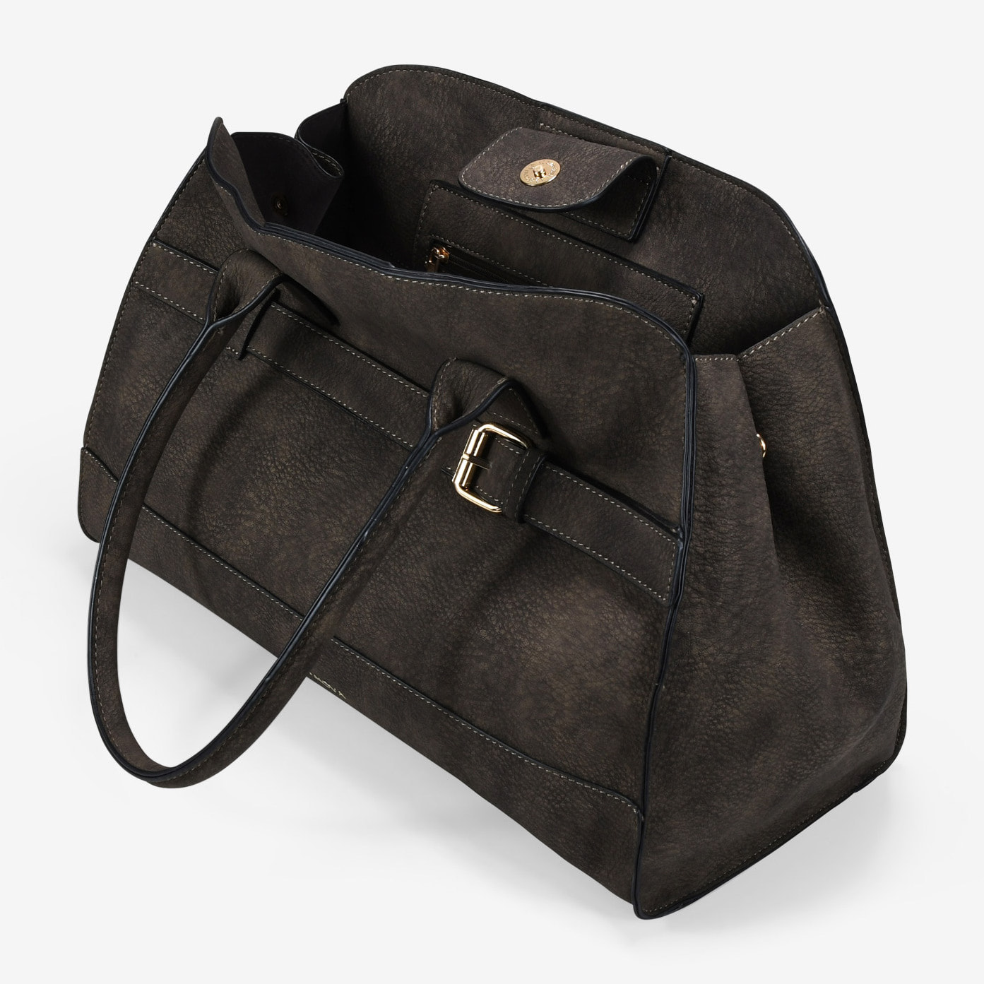 Bolso de mano marrón con cinturón y hebilla