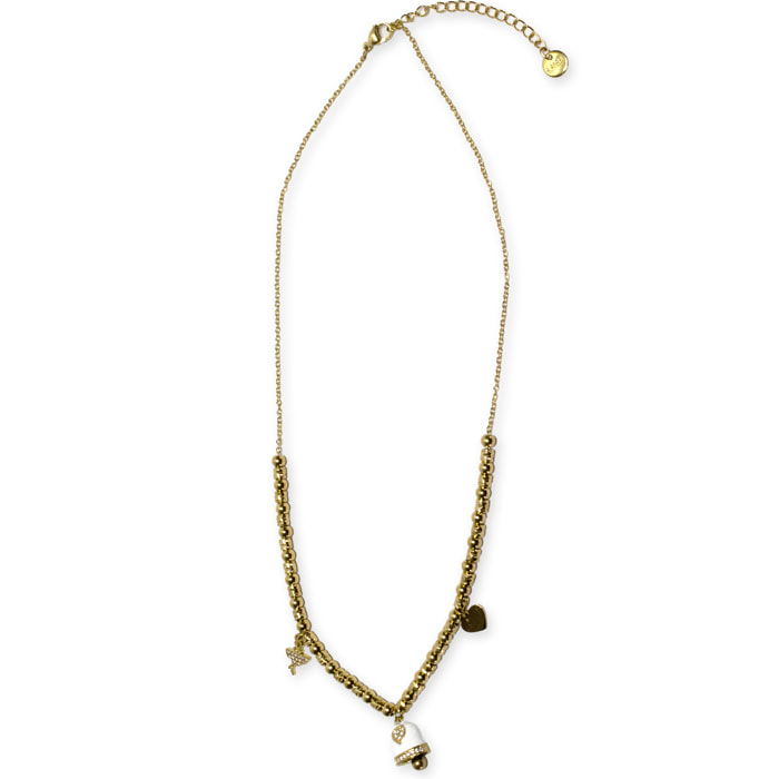 Collana in acciaio gold a sfere con charms bianco e strass