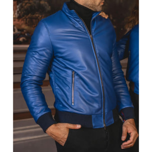 Giubbotto Bomber in pelle bluette naturale effetto liscio