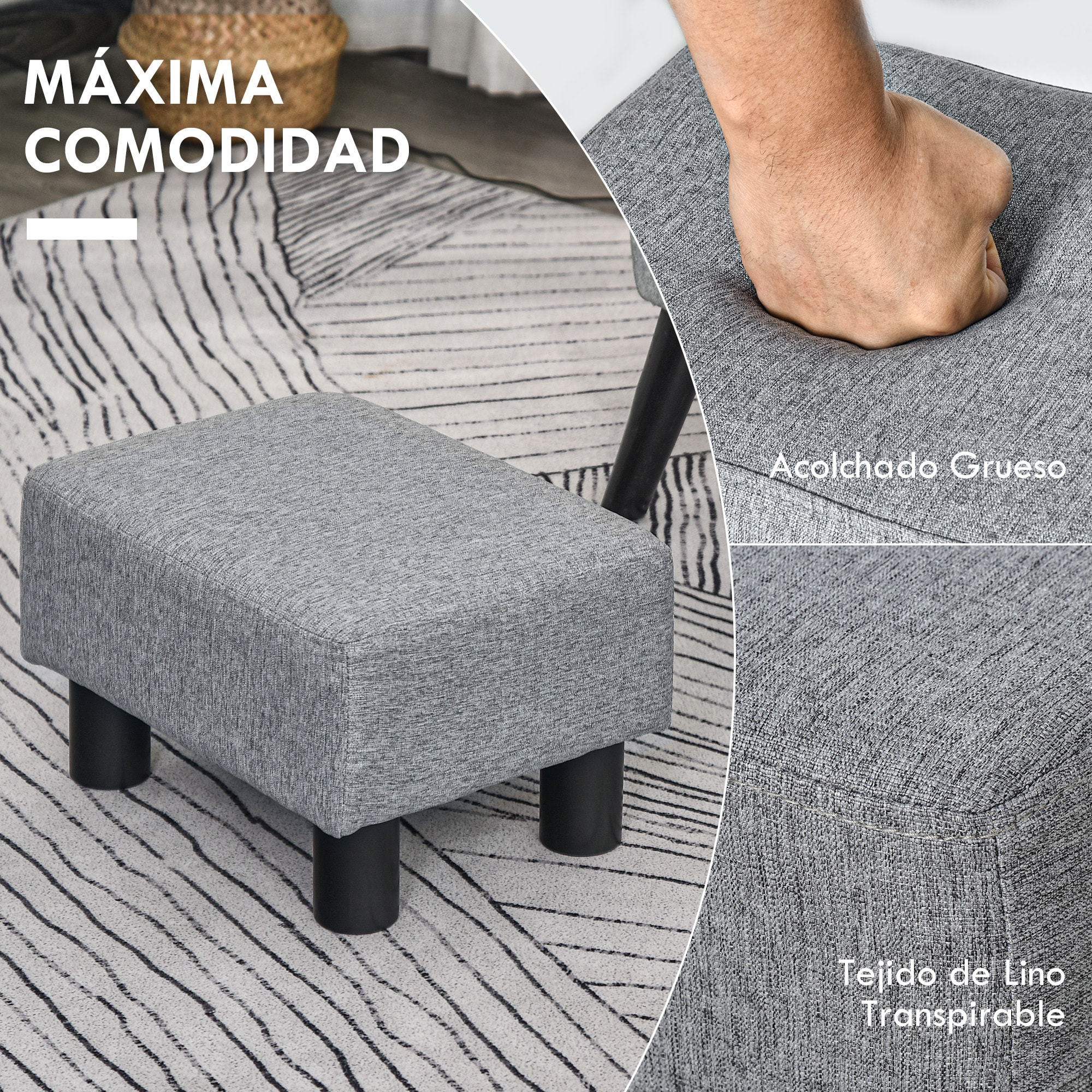Reposapiés de Salón Taburete Bajo Tapizado en Lino Otomana Rectangular con Estructura de Madera para Sala de Estar Dormitorio Gris