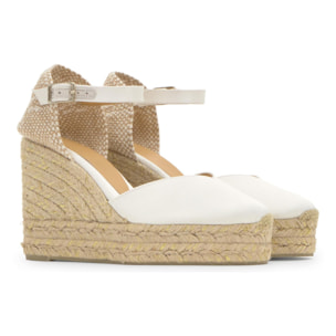 Alpargata Chiarita cuña de yute en raso con pulsera, doble plataforma y escote en V