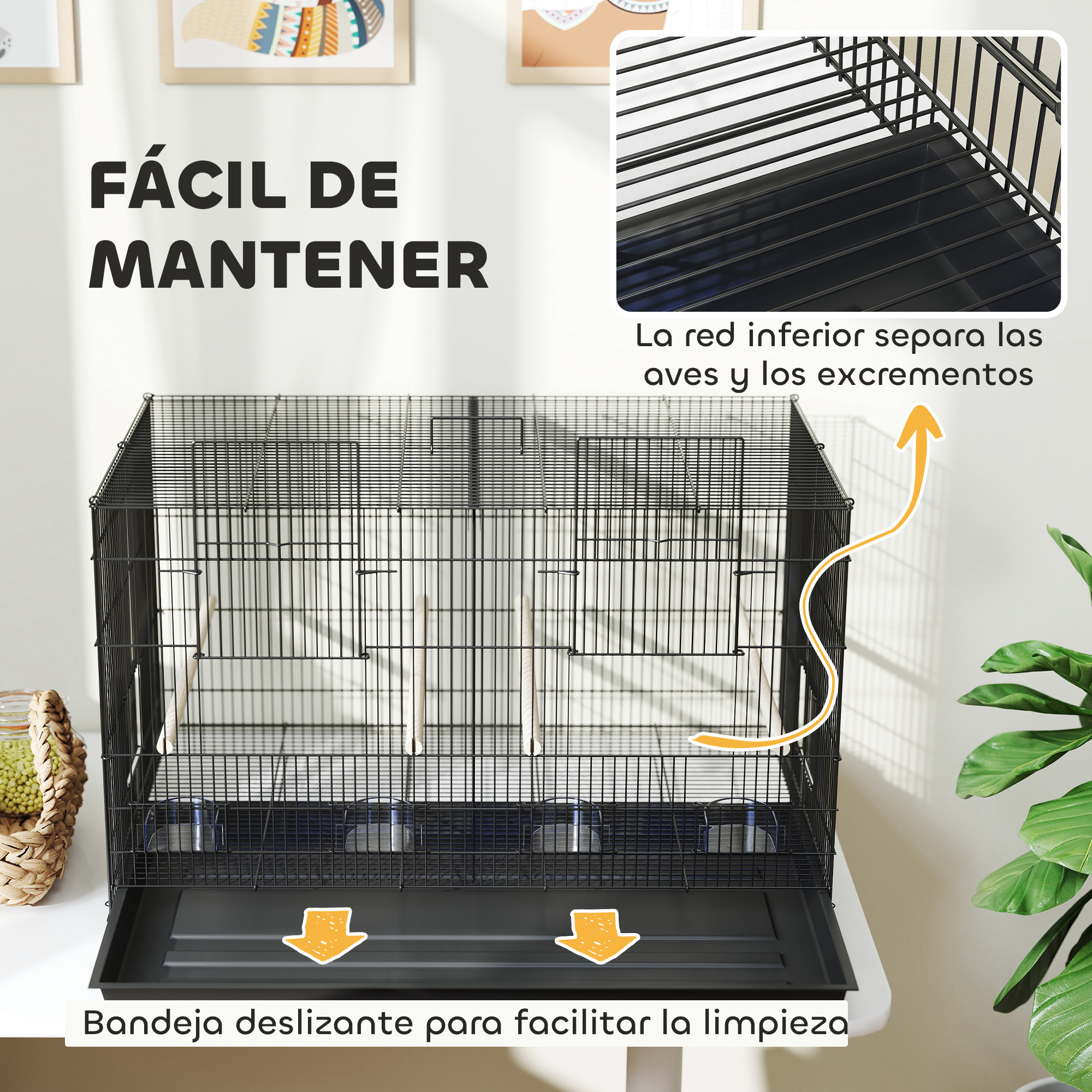 Jaula para Pájaros con Divisor Jaula para Mascota Aves Loros Canarios Pajarera con Comederos Perchas y Bandeja Extraíble 94x57x57 cm Negro
