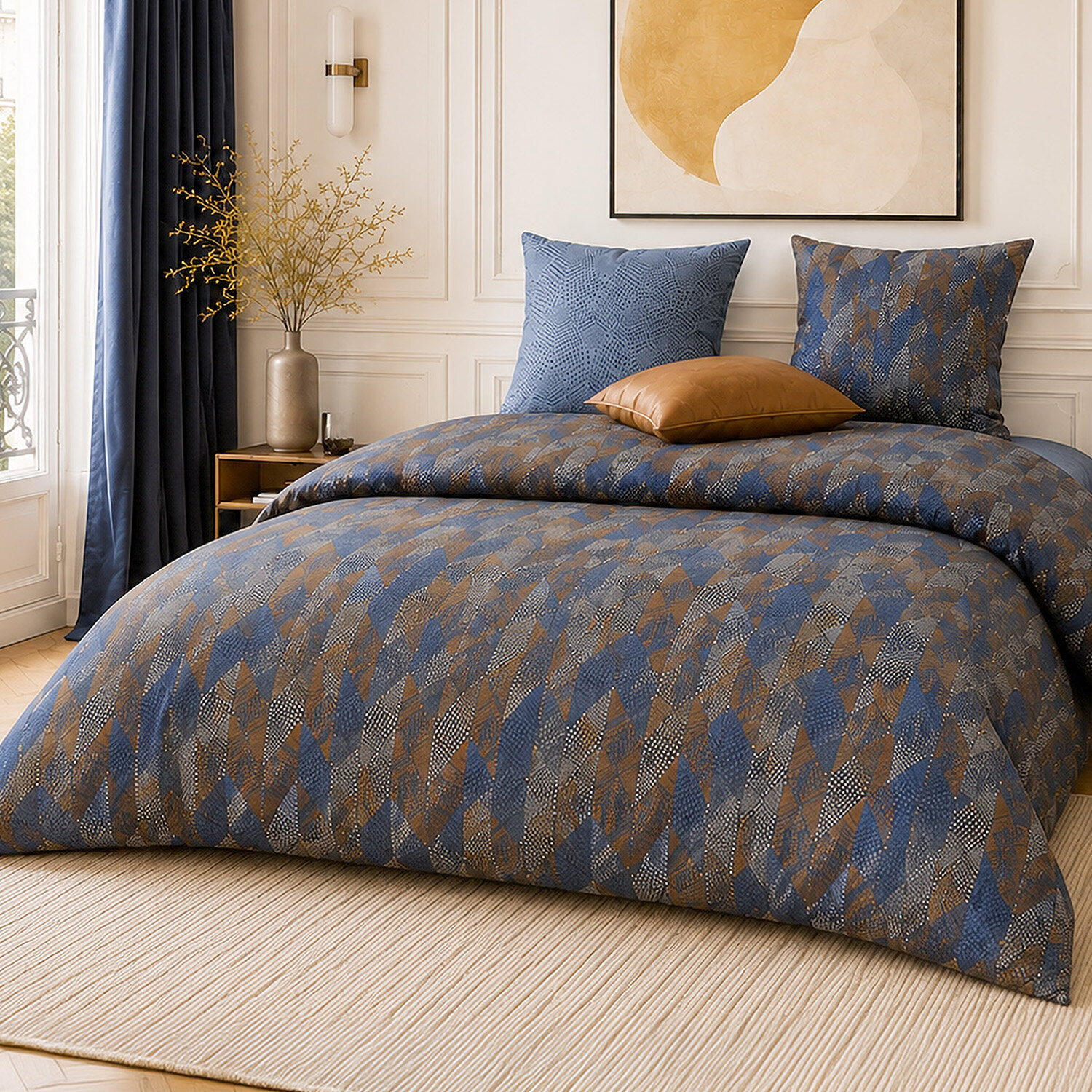 Parure housse de couette 100% percale de coton motif losanges à pois - BLUSKY
