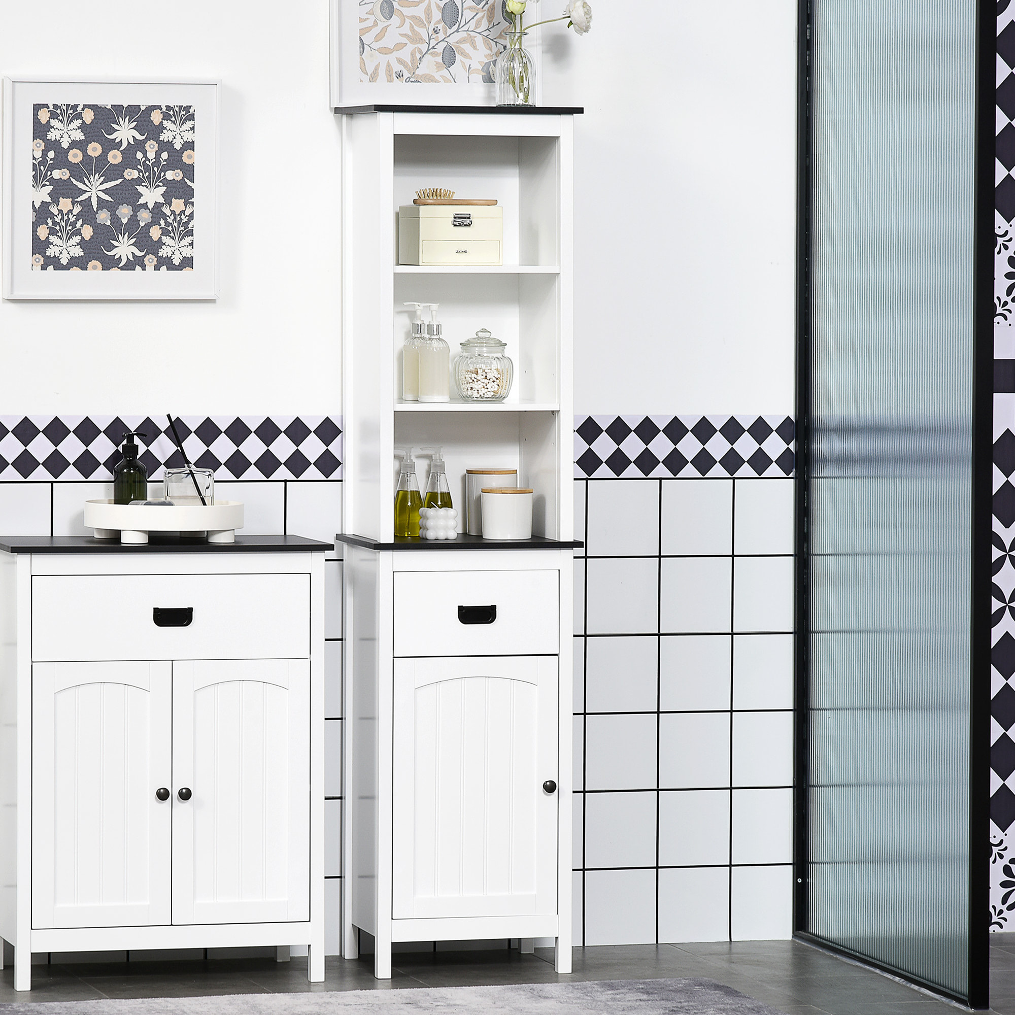 Conjunto de Baño Incluye 1 Armario Auxiliar de Baño y 1 Columna de Baño con Estantes Ajustables y Cajón Estilo Moderno Antivuelco para Dormitorio Blanco