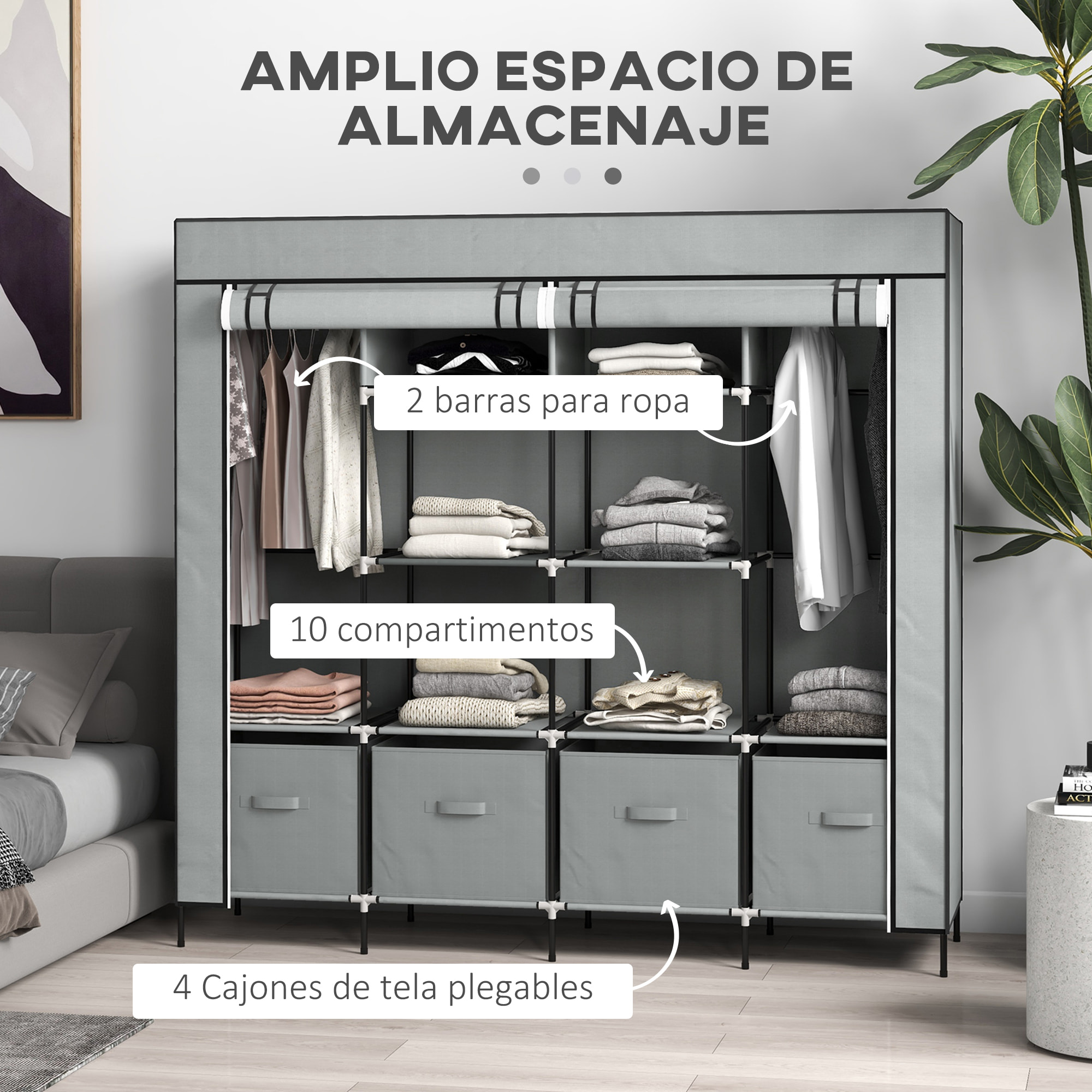 Armario de Tela para Dormitorio Armario Portátil con 10 Compartimentos 2 Rieles Colgantes y 4 Cajones de Tela 166x42,5x169,5 cm Gris Oscuro