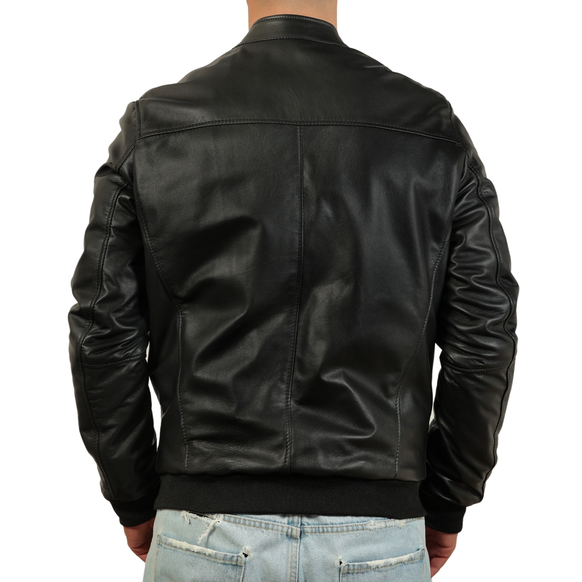 Giubbino in vera pelle di vitello foderato con trapunta invernale Nero-Slim Fit