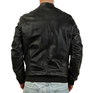 Giubbino in vera pelle di vitello foderato con trapunta invernale Nero-Slim Fit