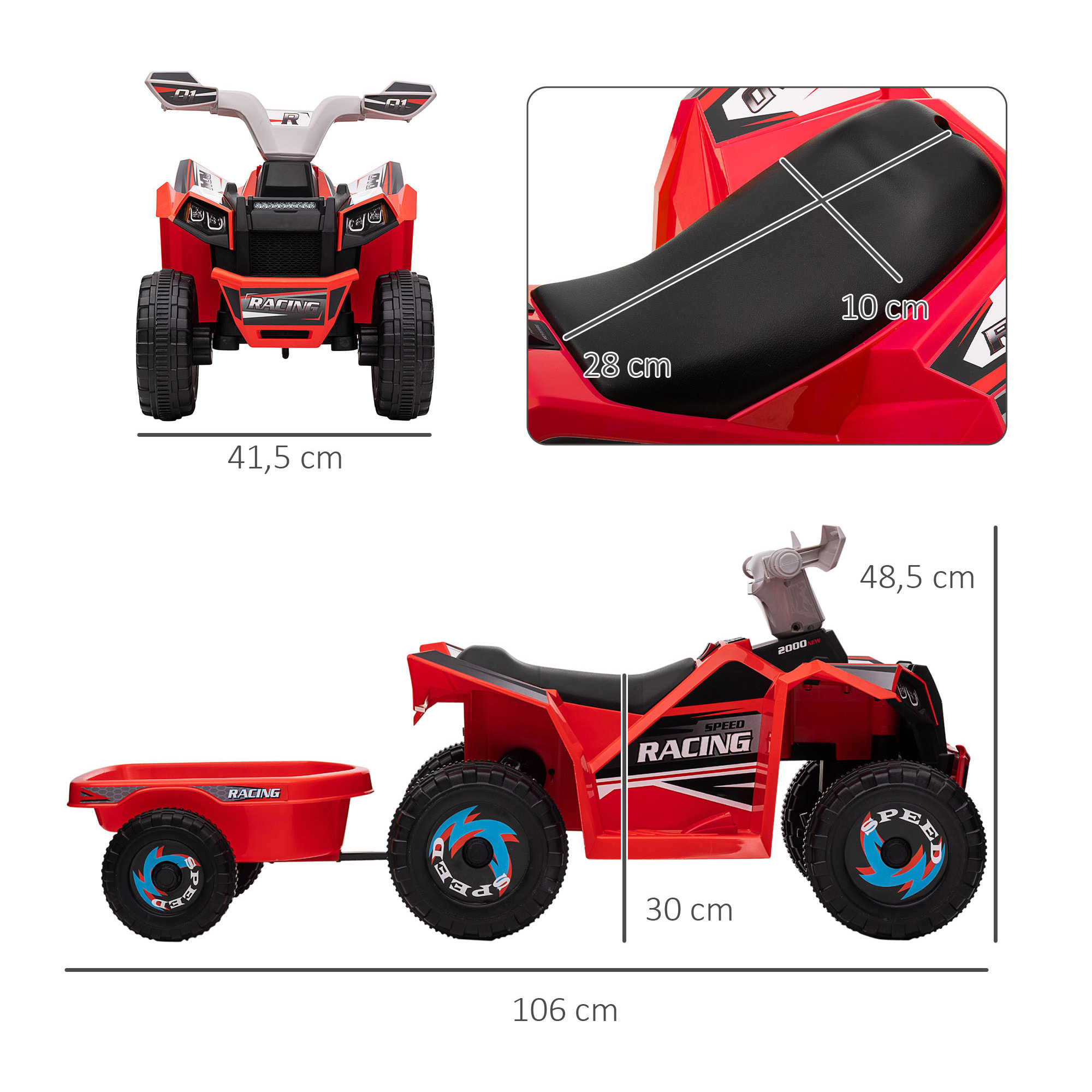 Quad Eléctrico para Niños con Remolque a Batería 6V Coche Eléctrico Cuatrimoto para Niños de 18-36 Meses con Velocidad 2,5 km/h Carga 25 kg 106x41,5x48,5 cm Rojo