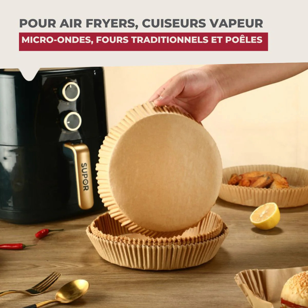 50 Moules en papier air fryer ronds Fackelmann