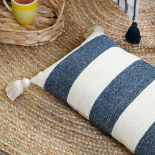 Coussin à bandes bleues à pompons - Bleu