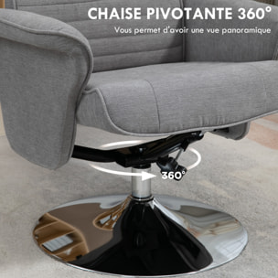 Fauteuil relax style contemporain - pivotant, dossier inclinable, repose-pied - piètement acier chromé tissu gris