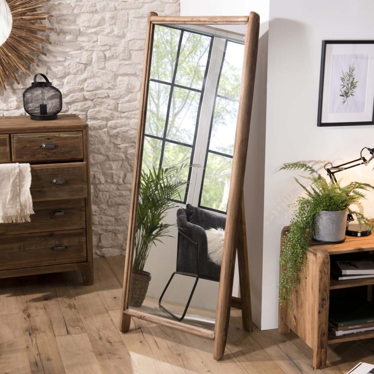 SANDY - Miroir sur pieds marron bois Pin recyclé