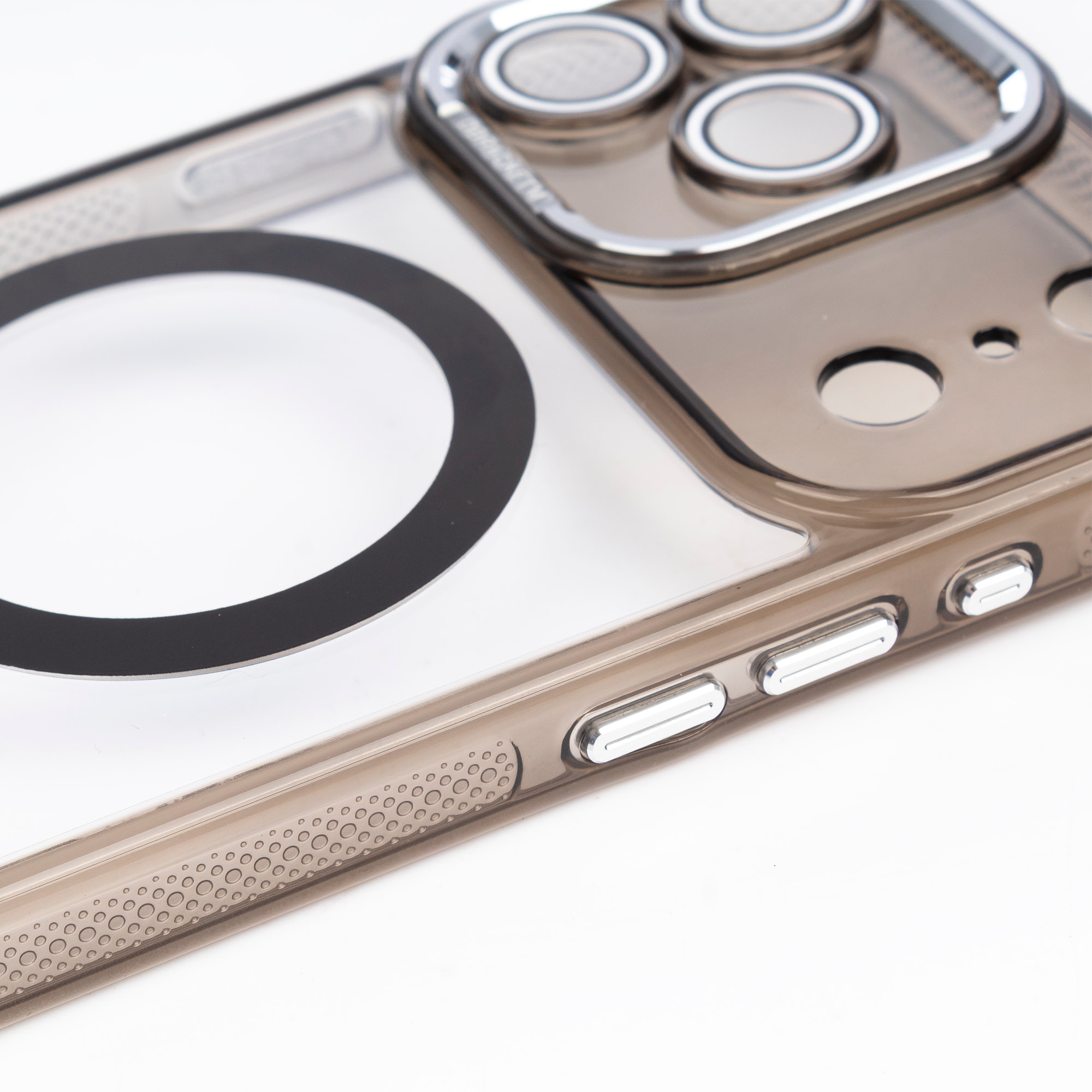 Custodia trasparente con fotocamera coperta e bordi neri. Magsafe per iPhone 17 Pro Max.