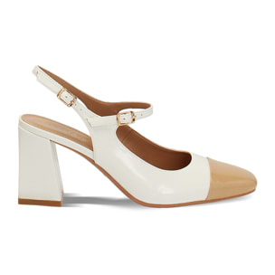 Décolleté slingback donna bianche-camel in vernice, tacco largo 7,5 cm