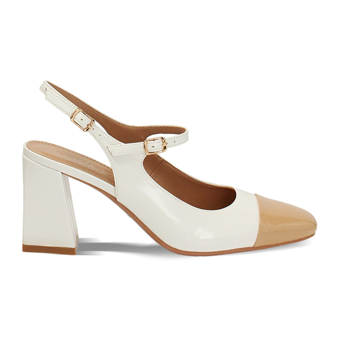 Décolleté slingback donna bianche-camel in vernice, tacco largo 7,5 cm