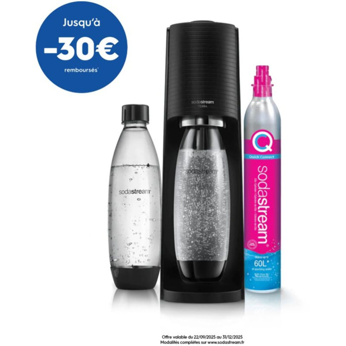 Machine à soda SODASTREAM Terra Noire pack 2 bouteilles + 1 recharge