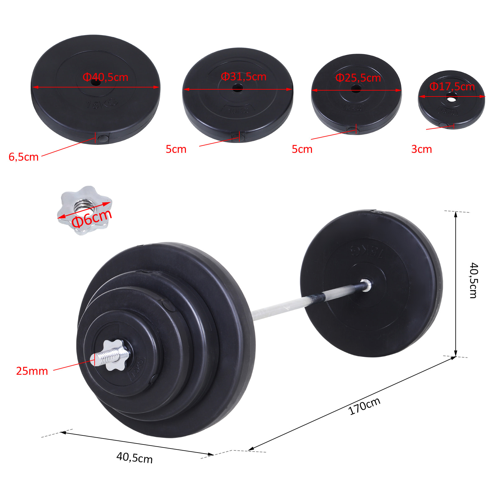 Barra de Pesas 70 kg con Mancuernas Set de Pesas Ajustables con 8 Discos 1,5kg 5kg 10kg 15kg y 1 Barra para Entrenamiento de Fuerza en Hogar Gimnasio Oficina 170x40,5x40,5 cm Negro