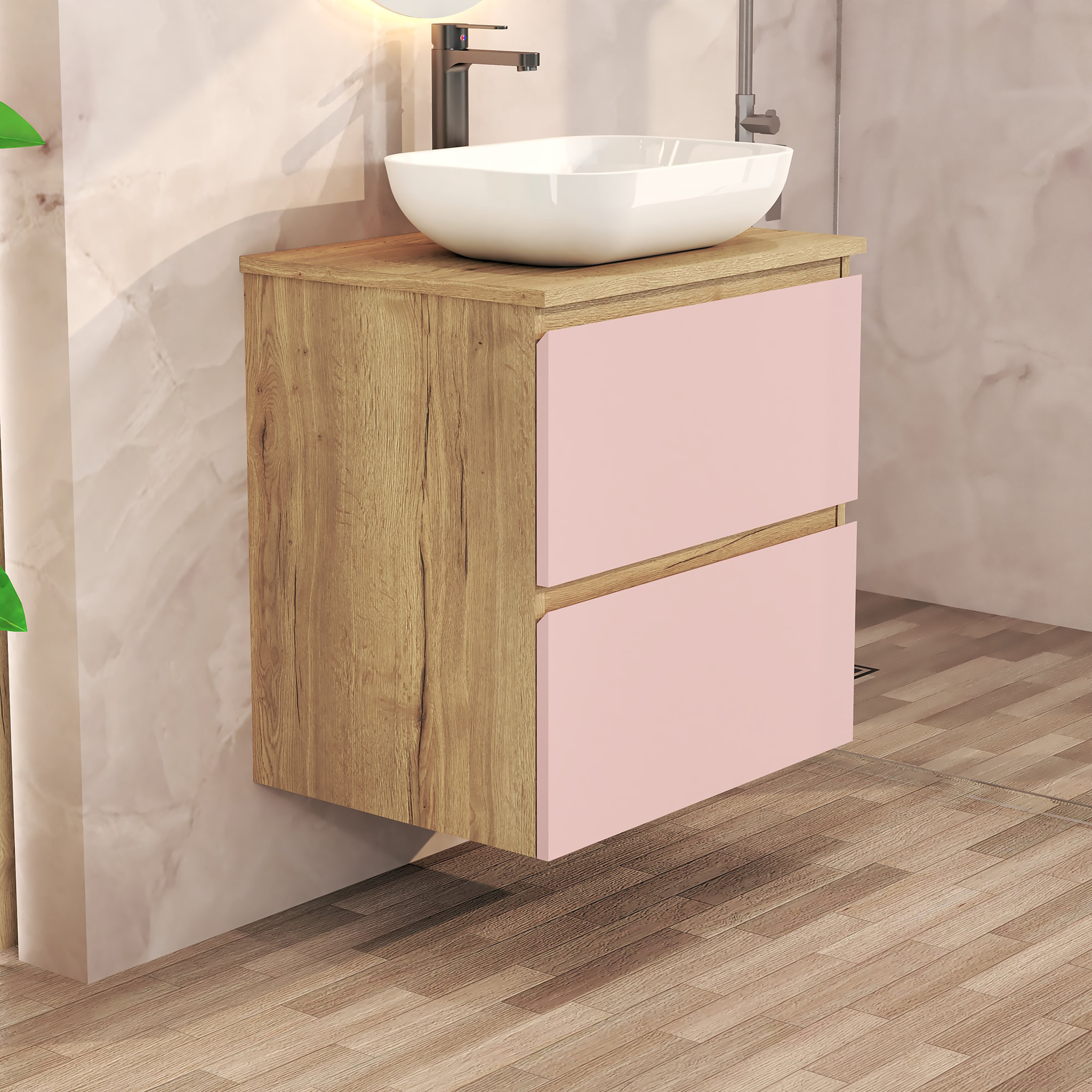 CONJUNTO DE BAÑO NIA | MUEBLE SUSPENDIDO | 60 CM ROSA | DOS CAJONES | LAVABO SOBREPUESTO | NO INCLUYE ESPEJO | MUEBLE MONTADO| ALDAY
