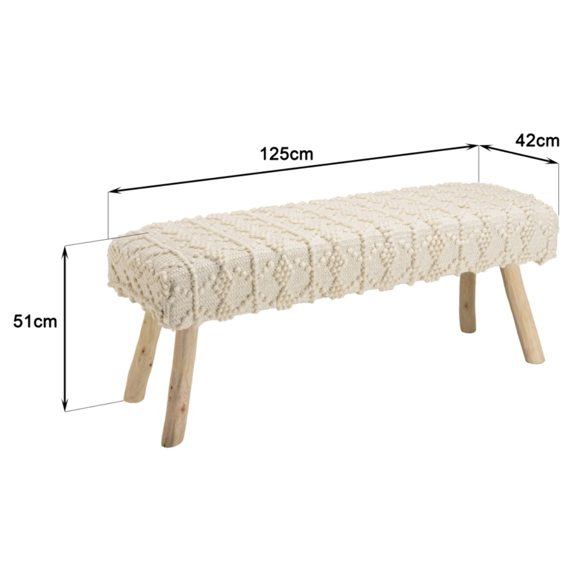 SACHA - Banc 120x40cm laine motifs losanges couleur ivoire pieds bois