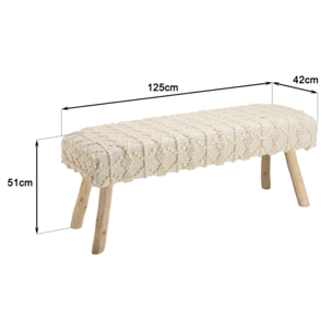 SACHA - Banc 120x40cm laine motifs losanges couleur ivoire pieds bois