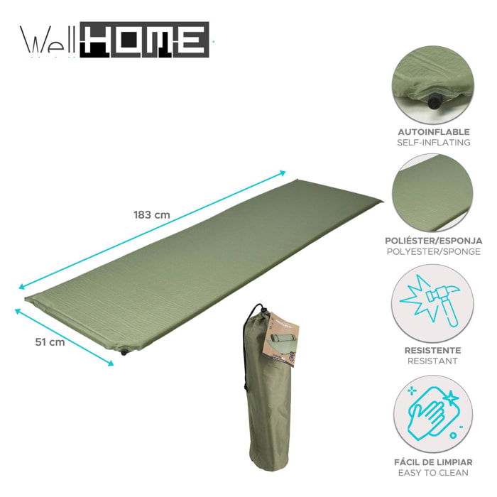 Well home colchoneta autoinflable en poliéster y esponja 183x51x2,5cm color verde