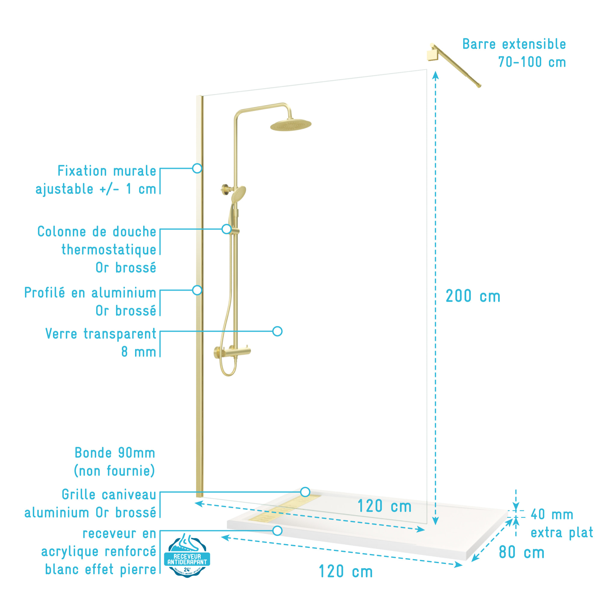Pack Paroi 120x200 + Colonne Thermostatique + Receveur Effet Pierre 80x120 et Grille - Or Brossé