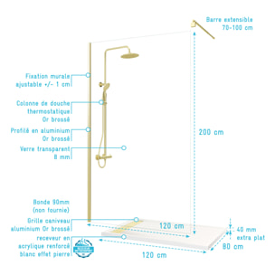 Pack Paroi 120x200 + Colonne Thermostatique + Receveur Effet Pierre 80x120 et Grille - Or Brossé