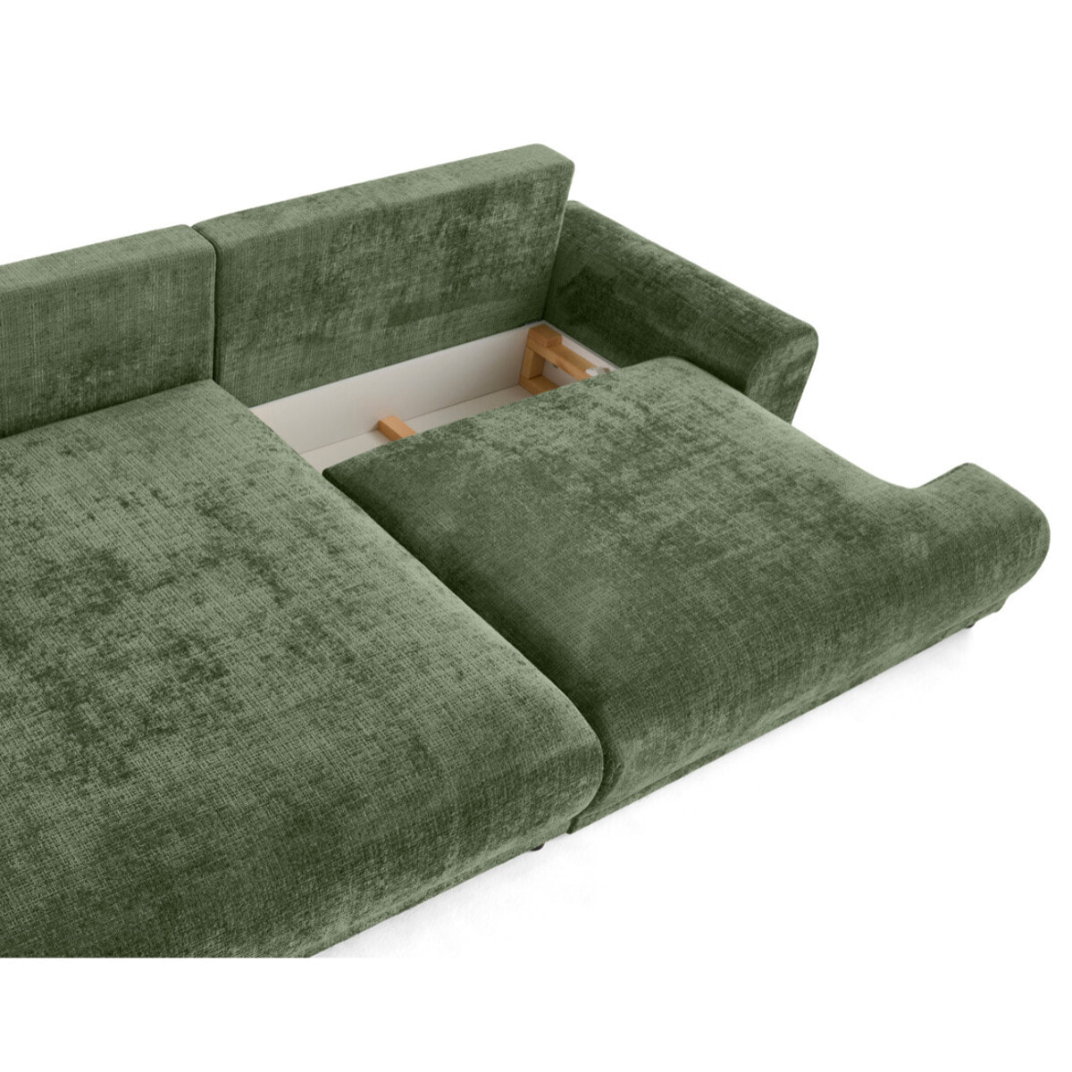 Nelly - canapé d'angle gauche 4 places convertible avec coffre en velours texturé - Vert sauge