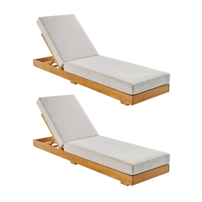 Lot de 2 bains de soleil beige DORINA en acacia et polyester. 3 positions. housse déhoussable. 198 x 62 x 12 cm