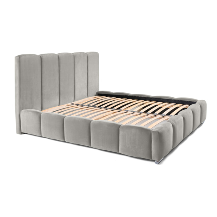 Torreon - lit coffre - 140x200 - sommier inclus - en velours - Gris clair